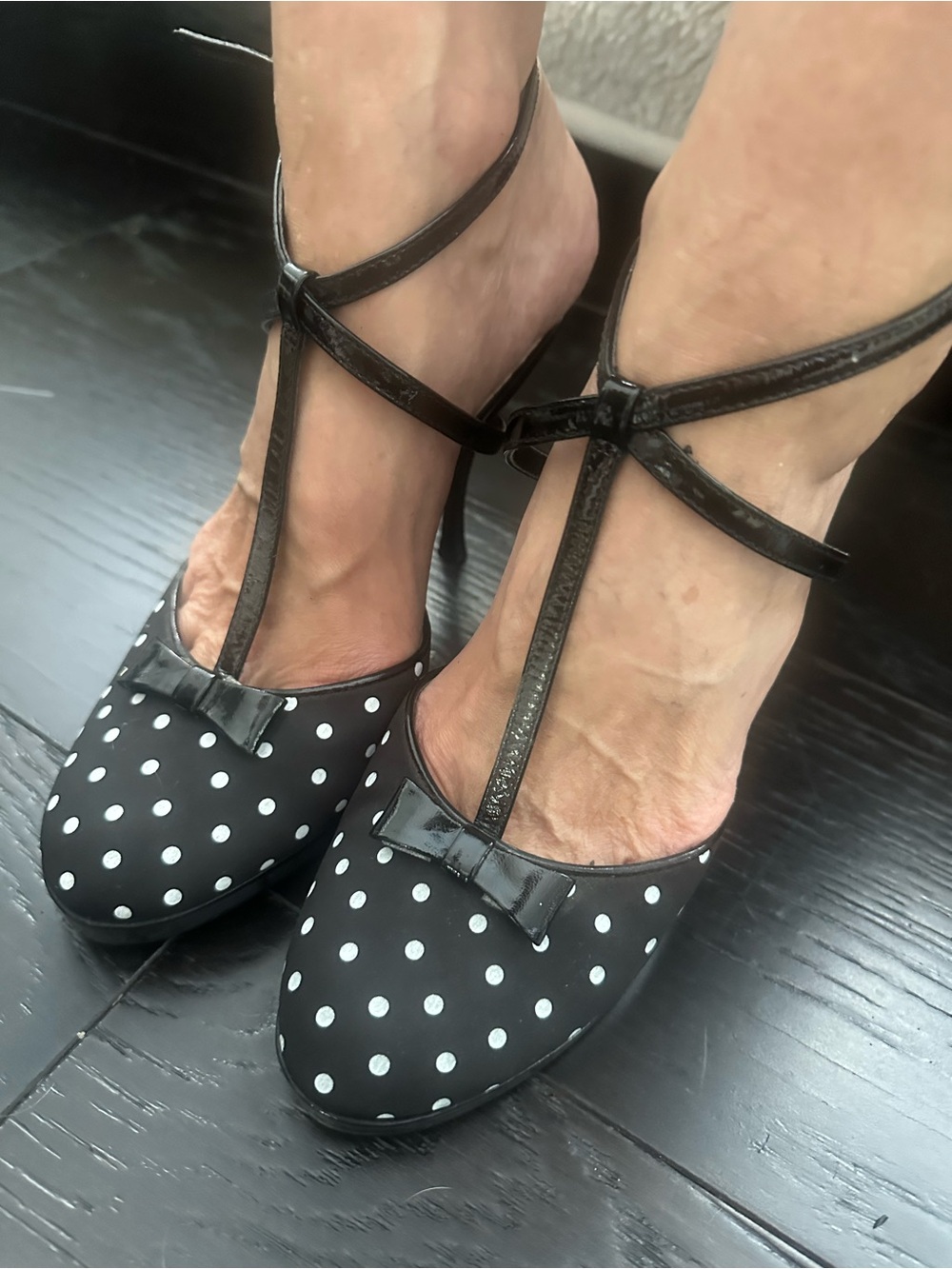 Linea Paolo Black Satin White Polka Dot T-Strap Bow Heels Platform Pumps